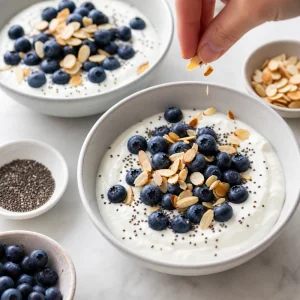 Blueberries, chia seeds, and toasted almonds scattered over Greek yogurt