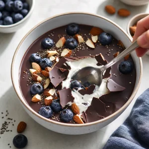 Crisp chocolate shell cracked with a spoon over blueberry yogurt