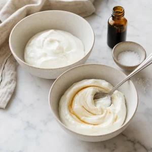 Greek yogurt stirred with vanilla and a pinch of salt in breakfast bowls