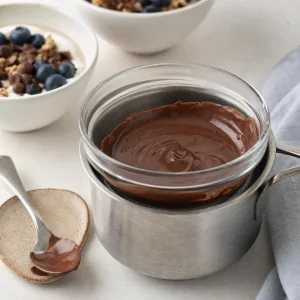 Melted chocolate kept warm over gentle heat before drizzling later