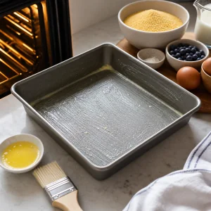 Buttered square baking pan ready to warm in the oven