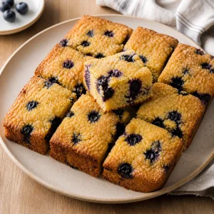 Finished blueberry cornmeal breakfast cake cut into squares
