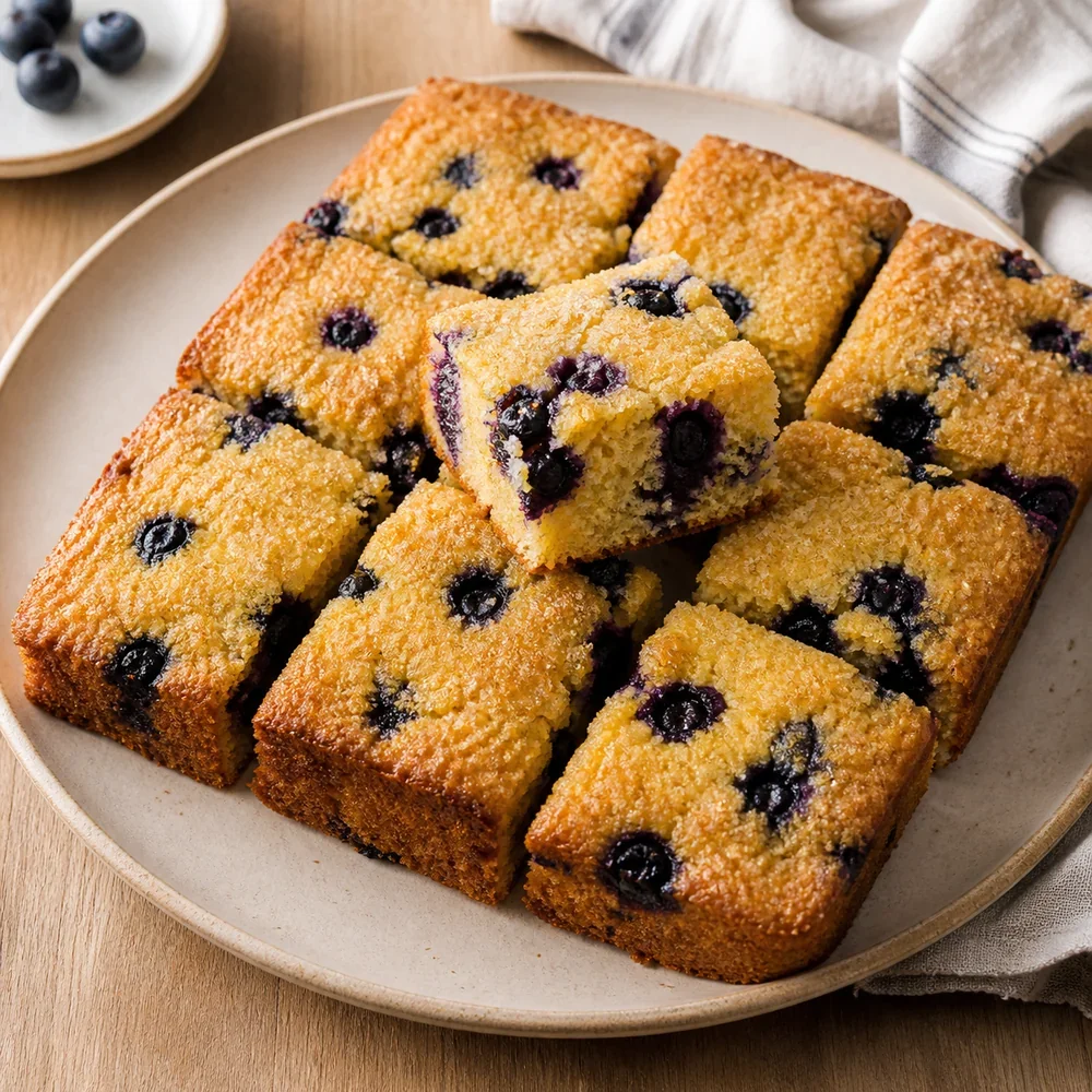 Finished blueberry cornmeal breakfast cake cut into squares