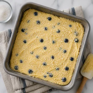Unbaked blueberry cornmeal batter sprinkled with coarse sugar