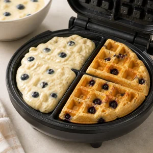 Blueberry waffle batter cooking in a hot waffle iron until golden.