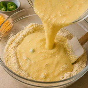 Ricotta mixture poured into dry ingredients for waffle batter.