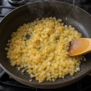 Diced onion cooking in oil until lightly golden