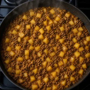 Diced potatoes simmering in saucy beef filling
