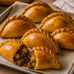 Freshly baked glossy salteñas resting upright