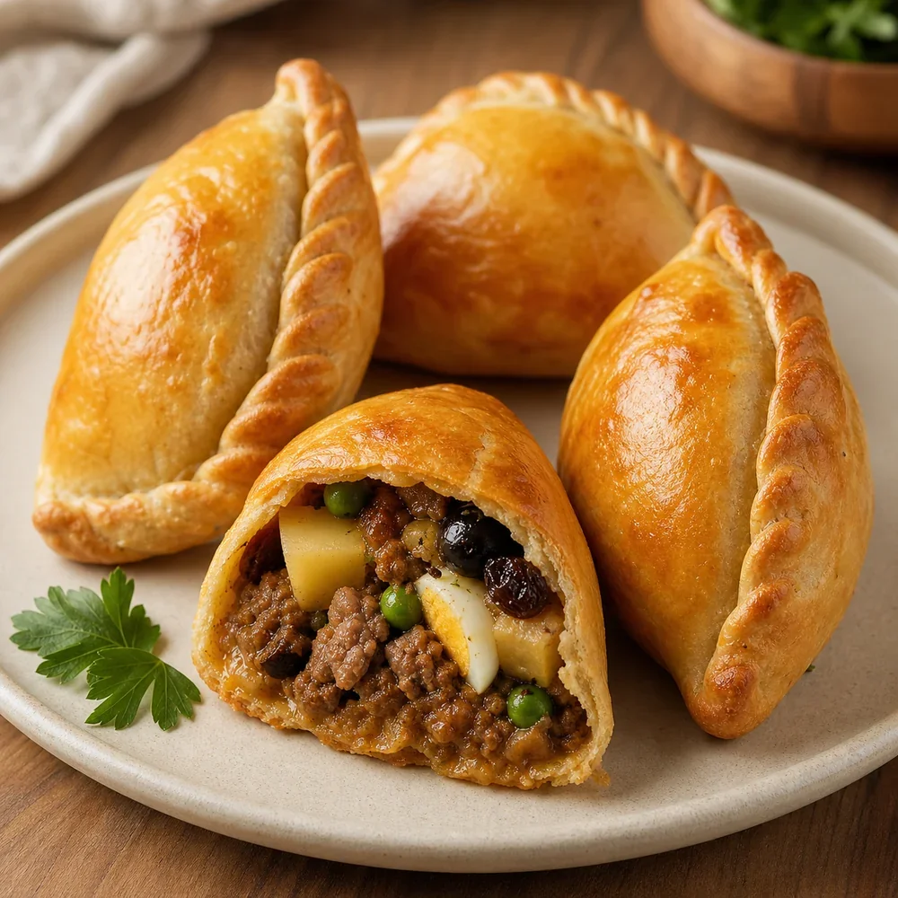 Golden Bolivian salteñas with beef and potato filling