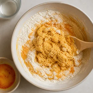 Golden salteña dough coming together in a mixing bowl