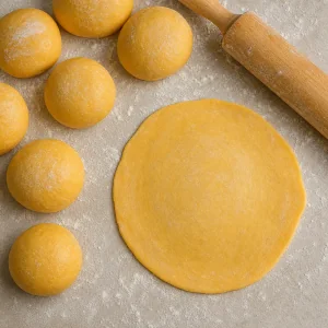 Salteña dough balls and a rolled round on a floured counter