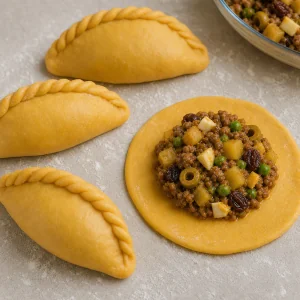 Salteña dough folded around filling with a raised top crimp
