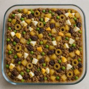 Salteña filling with peas, olives, raisins, and egg in a shallow dish