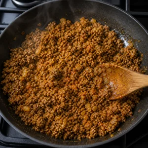 Spiced ground beef cooking with onions in a skillet