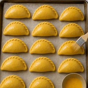 Unbaked salteñas on parchment brushed with egg wash