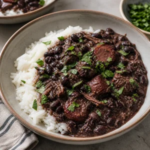 Feijoada nałożona na biały ryż z posiekanymi ziołami