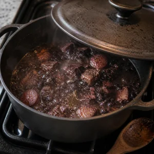 Częściowo przykryty garnek z gulaszem z czarnej fasoli i wieprzowiny