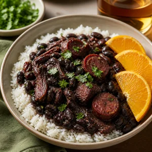 Podana feijoada z ryżem i świeżymi plasterkami pomarańczy
