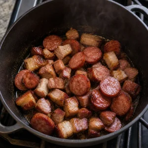 Wędzona kiełbasa i wieprzowina rumieniące się w ciężkim garnku