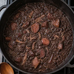 Gęsta, lśniąca feijoada gotująca się bez pokrywki