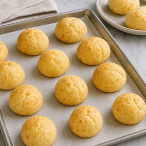 Swiezo upieczone zlote pao de queijo na blasze