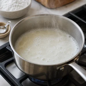 Mleczna mieszanka lekko gotujaca sie w rondlu