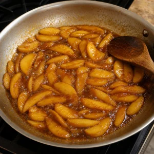 Apple slices bubbling in deep golden caramel sauce in a skillet for Brie-and-Apple Tarte Tatin Bites