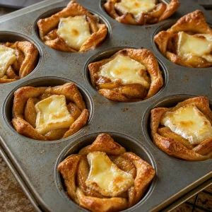 Baked pastry cups with caramelized apples, melted brie, and golden brown edges in a muffin tin