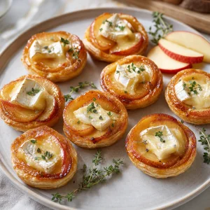 Brie-and-Apple Tarte Tatin Bites with caramelized apples, melted brie, and fresh thyme in golden puff pastry cups