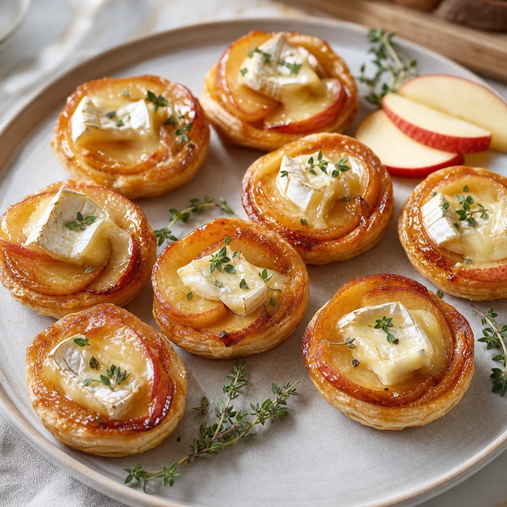 Brie-and-Apple Tarte Tatin Bites with caramelized apples, melted brie, and fresh thyme in golden puff pastry cups