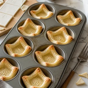 Lightly baked puff pastry cups in a muffin tin for Brie-and-Apple Tarte Tatin Bites