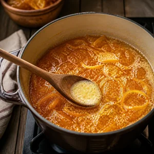 Gestniejaca marmolada pomarańczowa, z ktorej lyzka zbierana jest piana