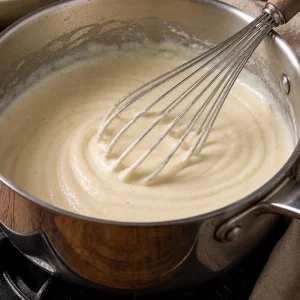 Cream and milk warming gently in a saucepan for panna cotta