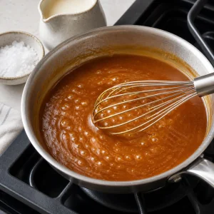 Glossy brown butter caramel sauce bubbling with a whisk