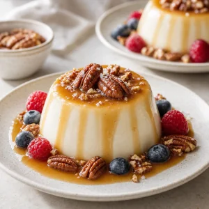 Panna cotta served with brown butter caramel, sea salt, pecans, and berries