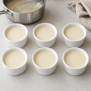 Vanilla panna cotta mixture divided into six ramekins