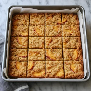 Cooled peach shortbread cut into bars in the pan