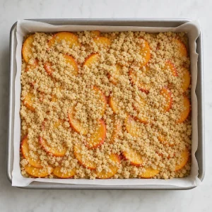 Crumb topping scattered over peach slices