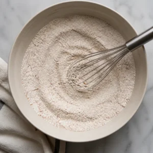 Dry shortbread ingredients whisked in a bowl