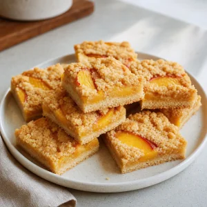 Finished peach shortbread bars on a plate