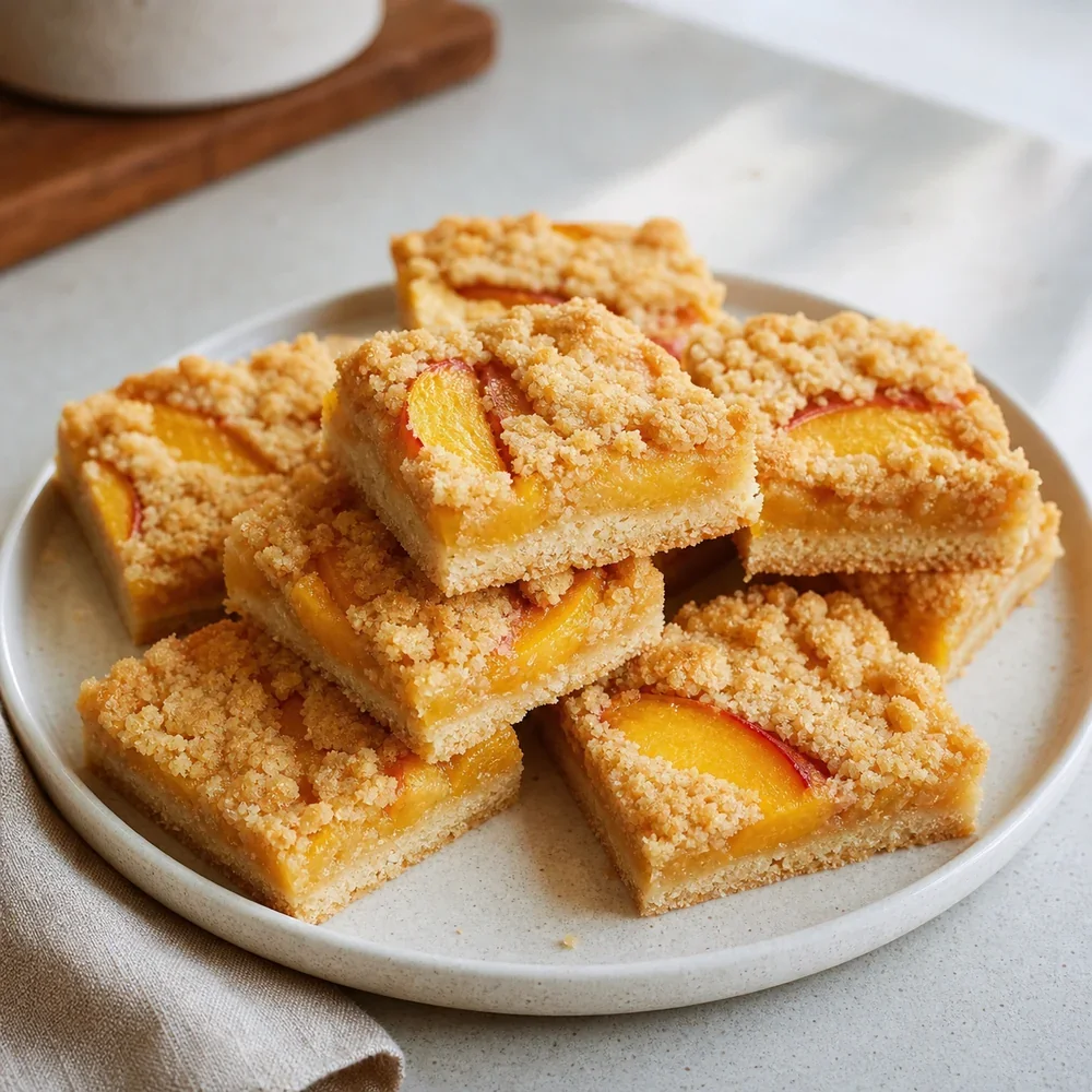 Finished peach shortbread bars on a plate
