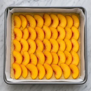 Thin peach slices arranged over the shortbread base