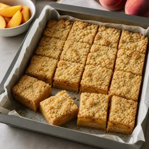 Cooled peach shortbread cut into bars