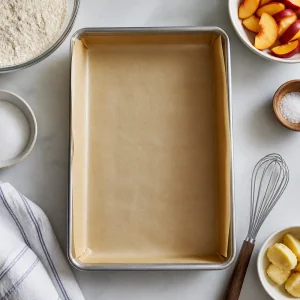 Parchment-lined baking pan ready for shortbread