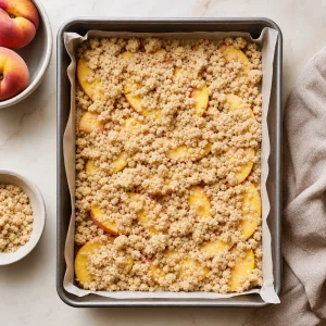 Shortbread crumbs scattered over peach slices