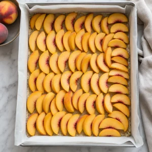 Thin peach slices arranged over the shortbread crust