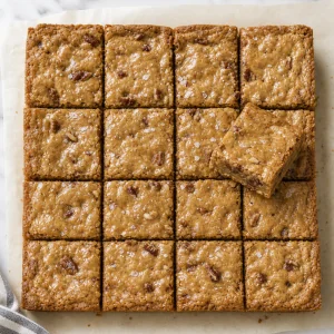 Upieczone blondie z pekanami wystudzone i pokrojone w kwadraty