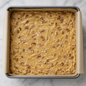 Ciasto na blondie z pekanami rozprowadzone w formie