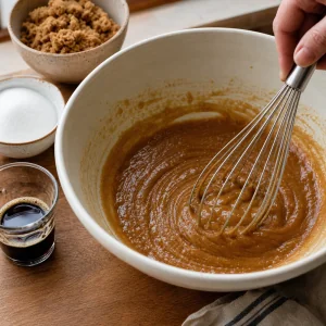 Browned butter, sugars, egg, vanilla and stout whisked smooth.
